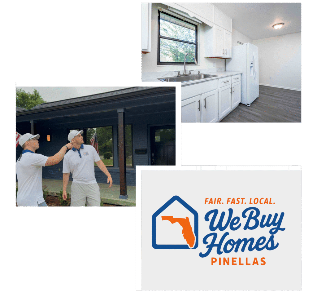 Seminole 5 A bathroom that we remodelled, a team shot of Cody and Kris, and We Buy Homes Pinellas logo
