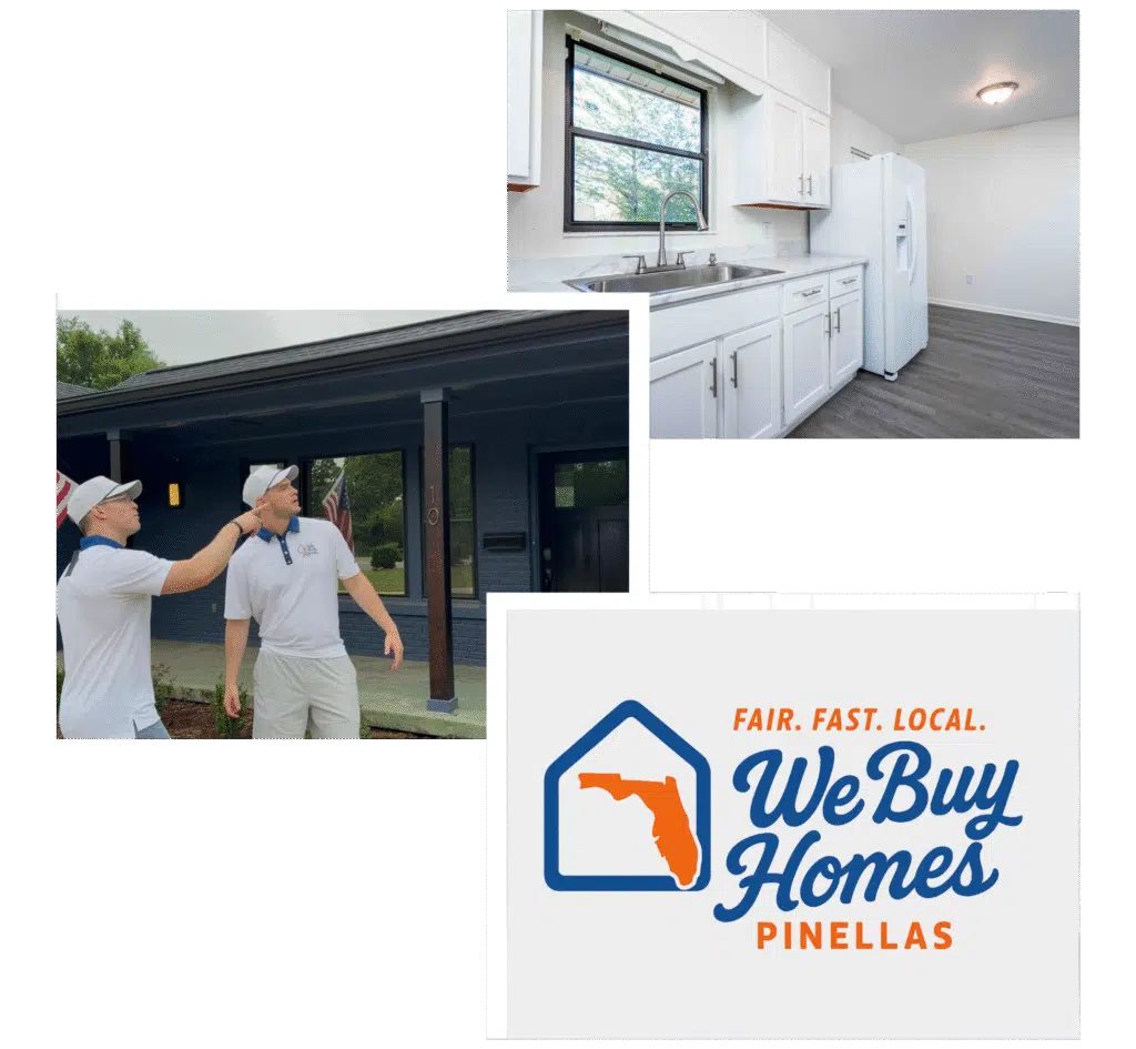A bathroom that we remodelled, a team shot of Cody and Kris, and We Buy Homes Pinellas logo